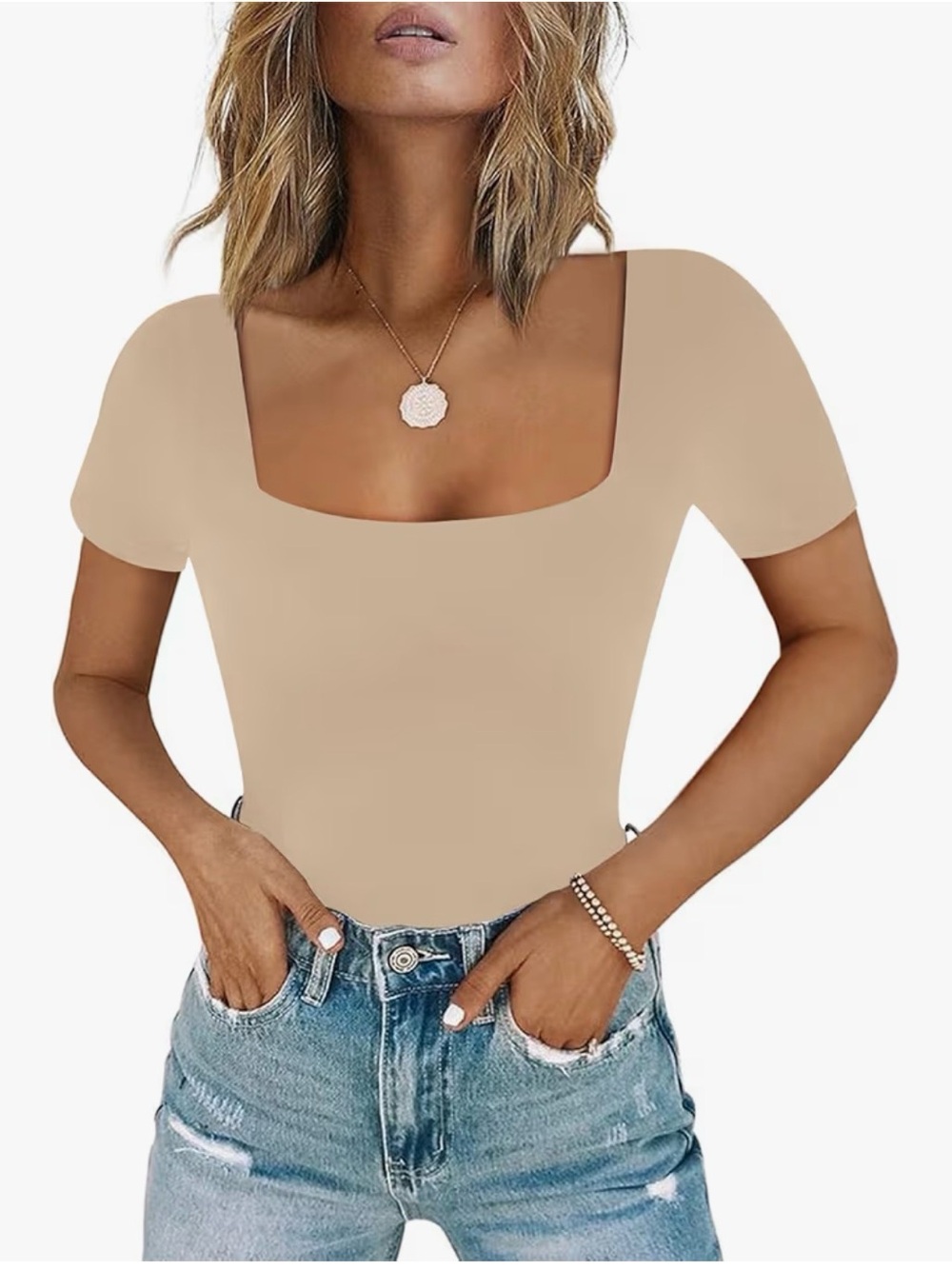 Square Neck Short Sleeve Bodysuit in Beige - Women Size XL